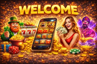 Smartphone displaying online casino welcome offer with gold coins and magic lamps