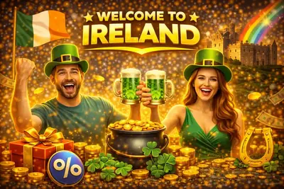 Cheerful leprechauns drinking green beer welcoming players to the best Irish casino